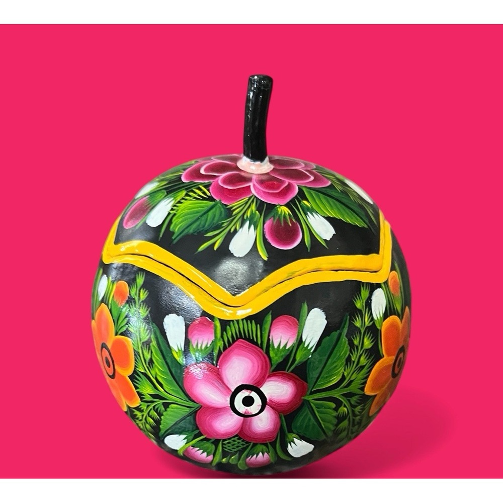 Gourd Trinket Box Bright‎ Hand Painted Handmade Floral Flowers Folk Art Mexican